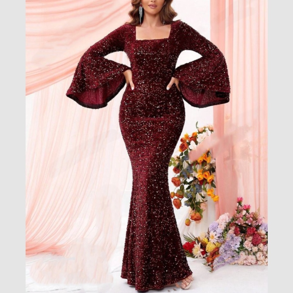 Luxe burgundy flounce sleeve party formal evening bridesmaids sequins dress